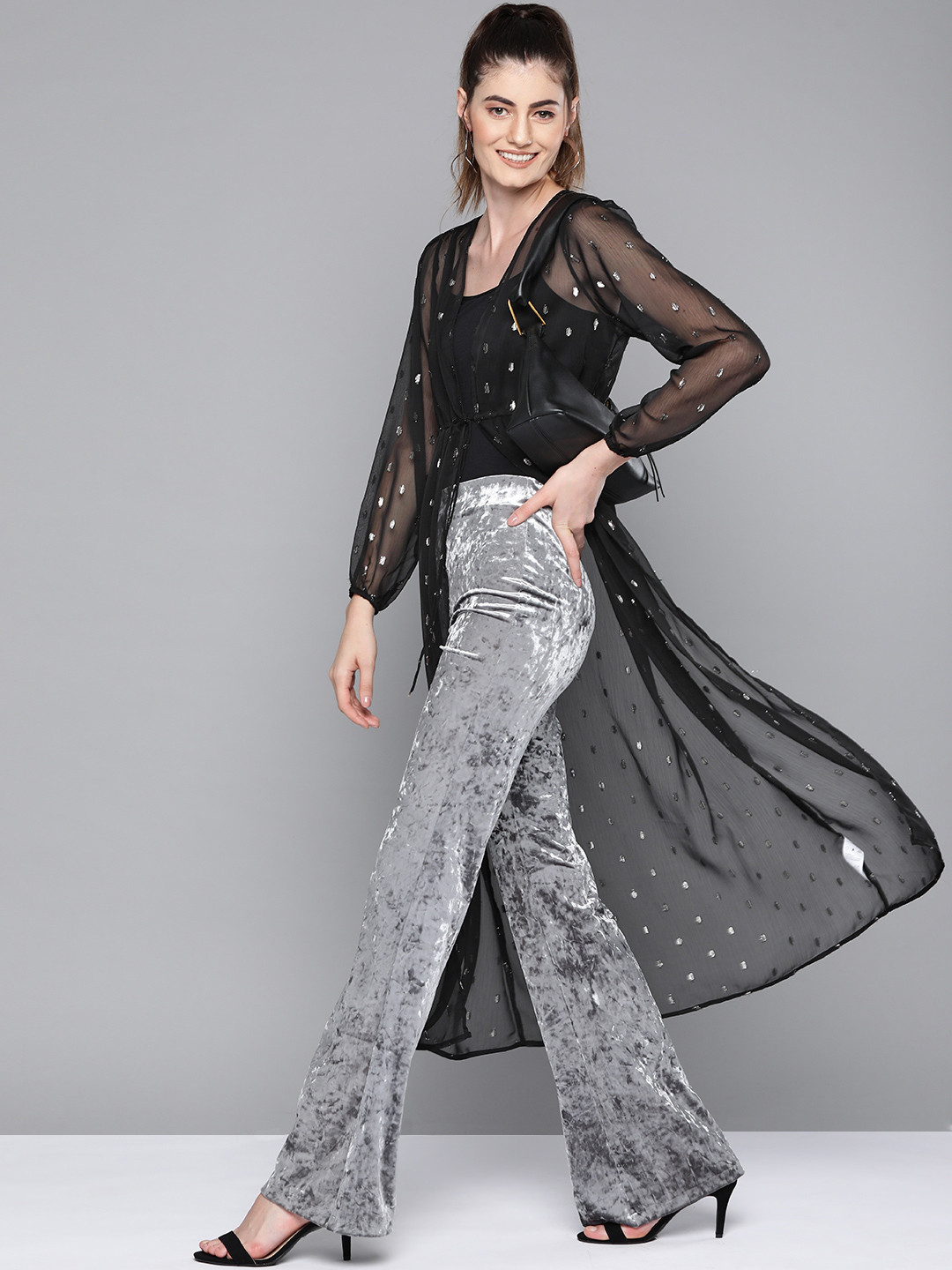 

SASSAFRAS Women Black & Silver Self-Design Tie-Up Longline Shrug