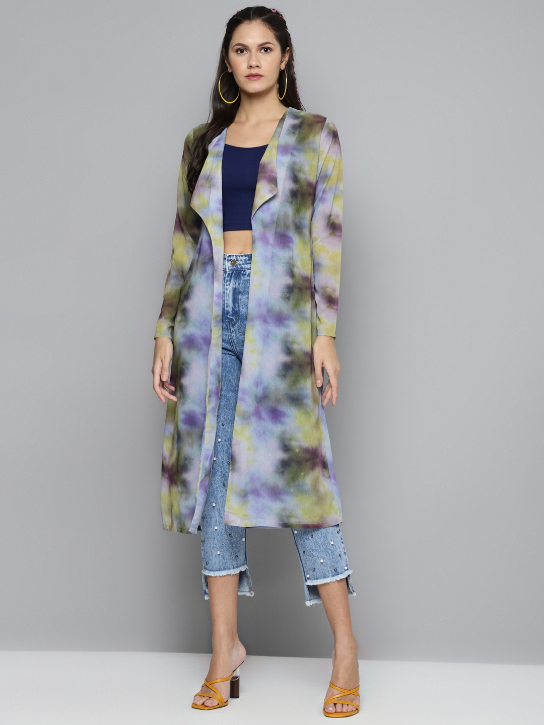 

SASSAFRAS Women Yellow & Purple Printed Open Front Shrug