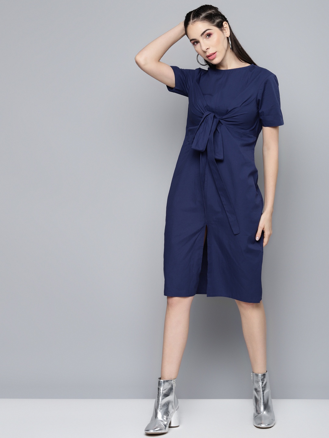 

SASSAFRAS Navy Blue Pure Cotton Tie Up Detail Sheath Dress