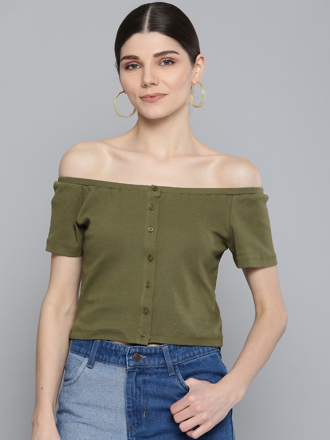 

Sassafras Olive Green Ribbed Boat Neck Fitted Crop Top
