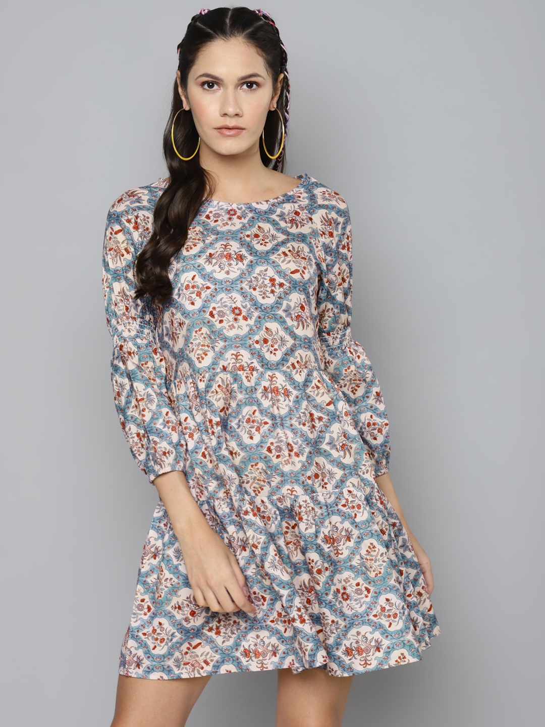 

SASSAFRAS Women Blue & Maroon Printed A-Line Tiered Dress