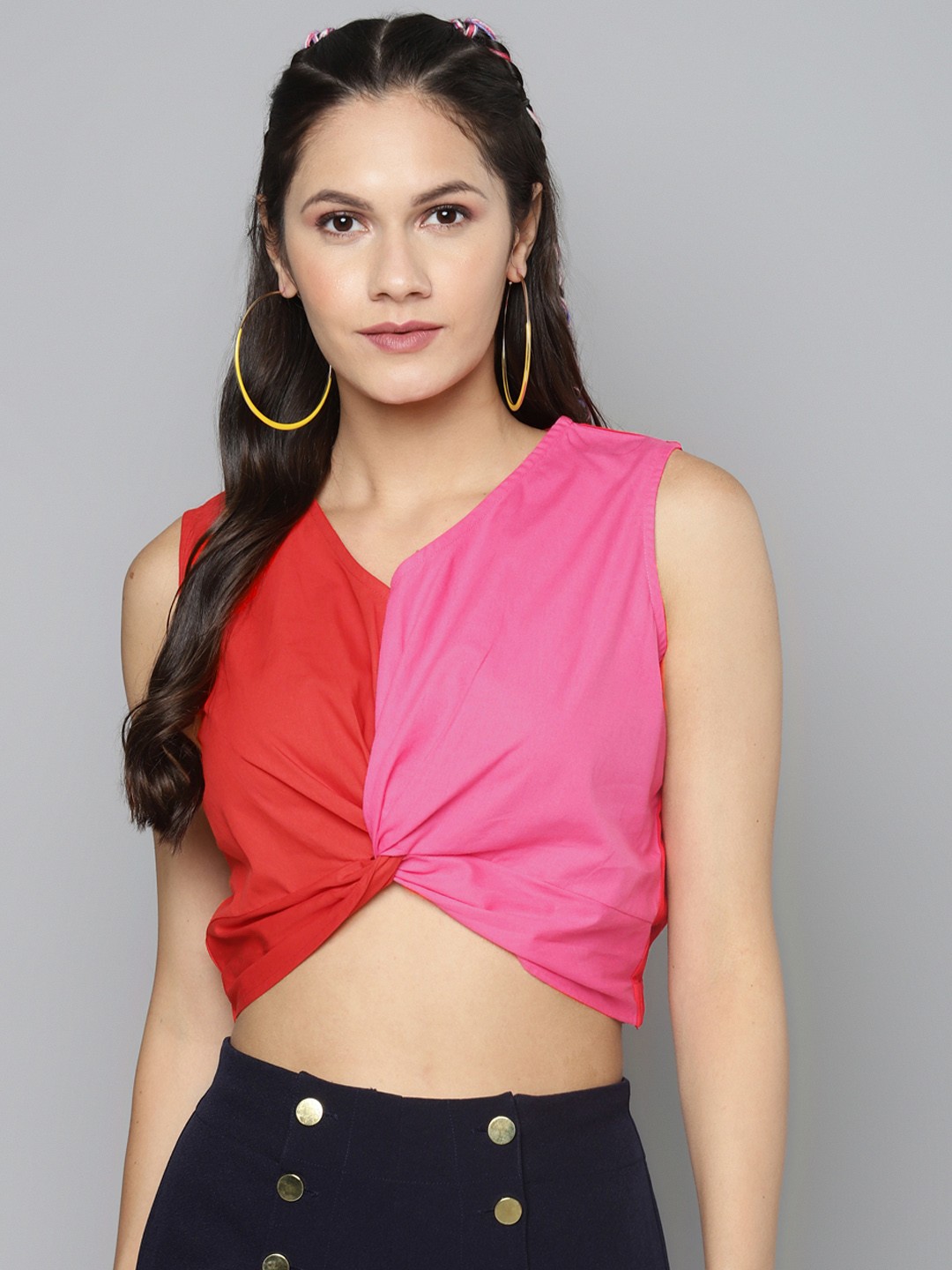 

Sassafras Red & Pink Colourblocked Twisted Cinched Waist Crop Top