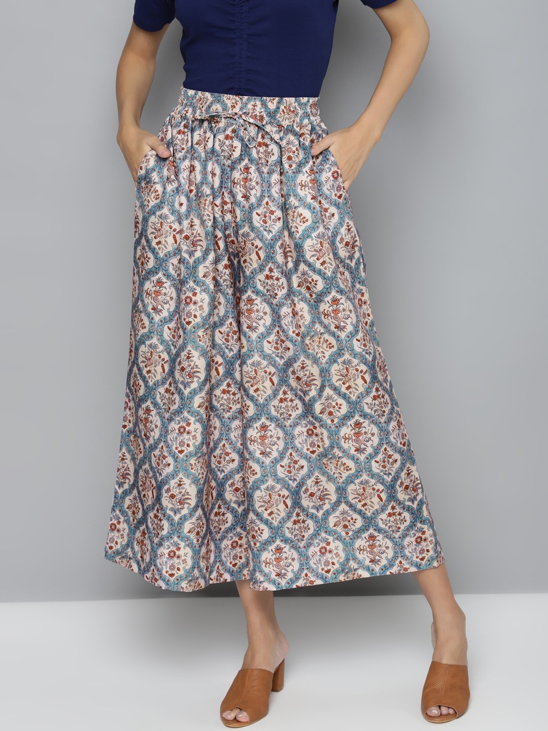 

SASSAFRAS Women Beige & Blue Printed Flared Trousers