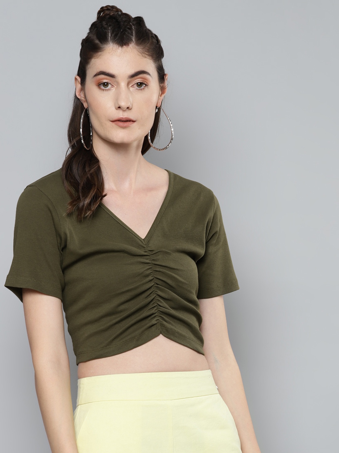 

Sassafras Women Olive Green Ribbed V-Neck Ruched Fitted Crop Top