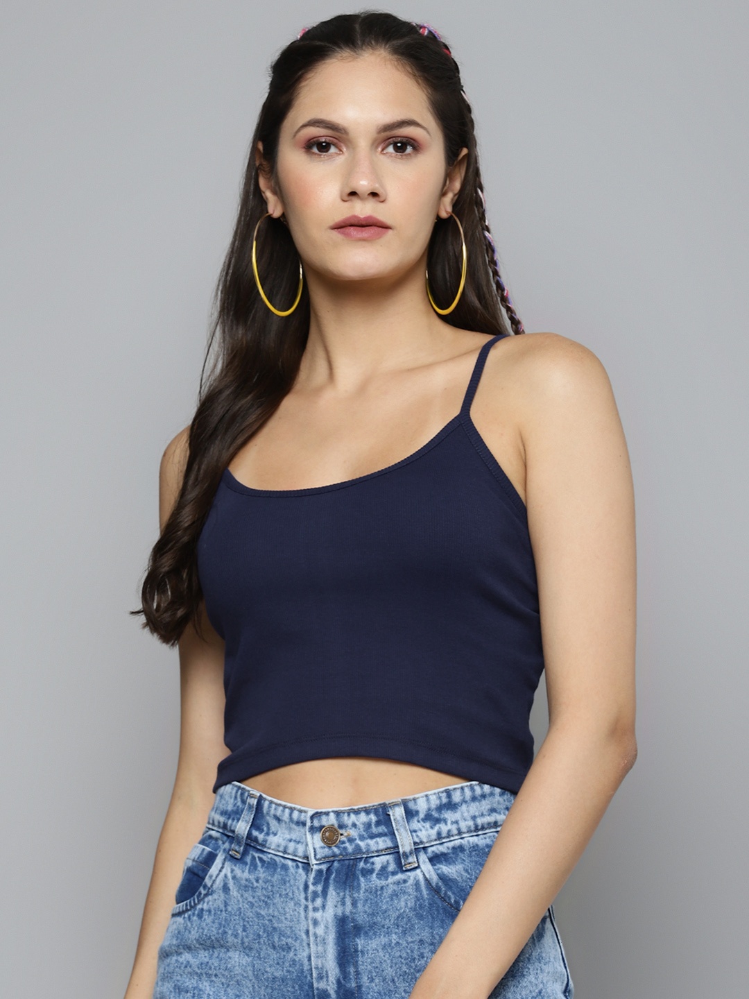 

Sassafras Women Navy Blue Ribbed Shoulder Straps Nautical Fitted Crop Top
