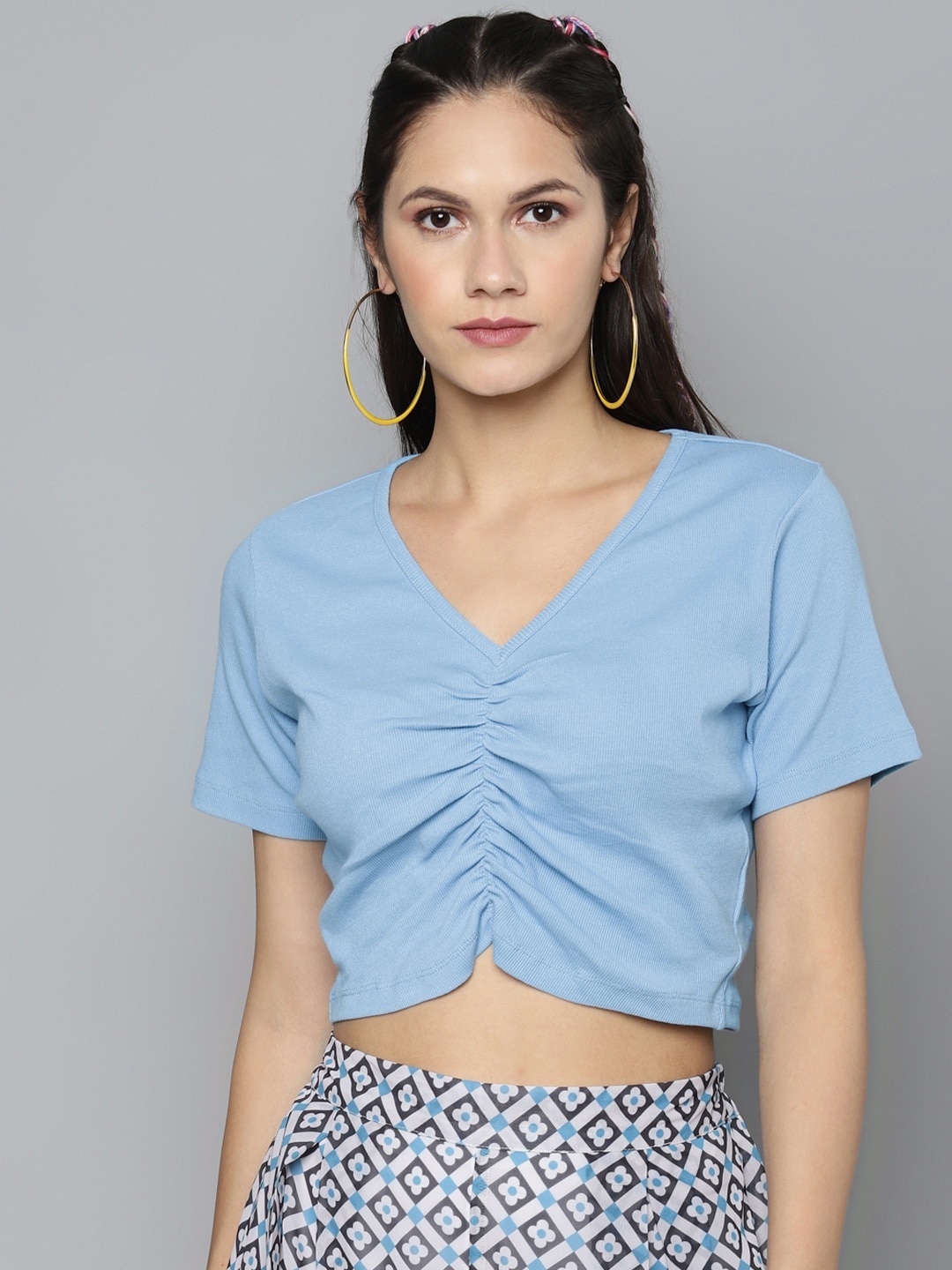 

Sassafras Blue Ribbed V-Neck Ruched Fitted Crop Top