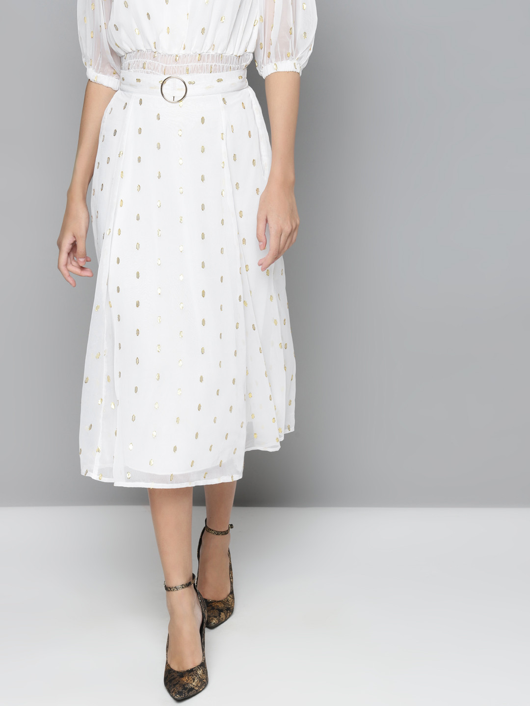 

SASSAFRAS White & Golden Self Design A-Line Skirt
