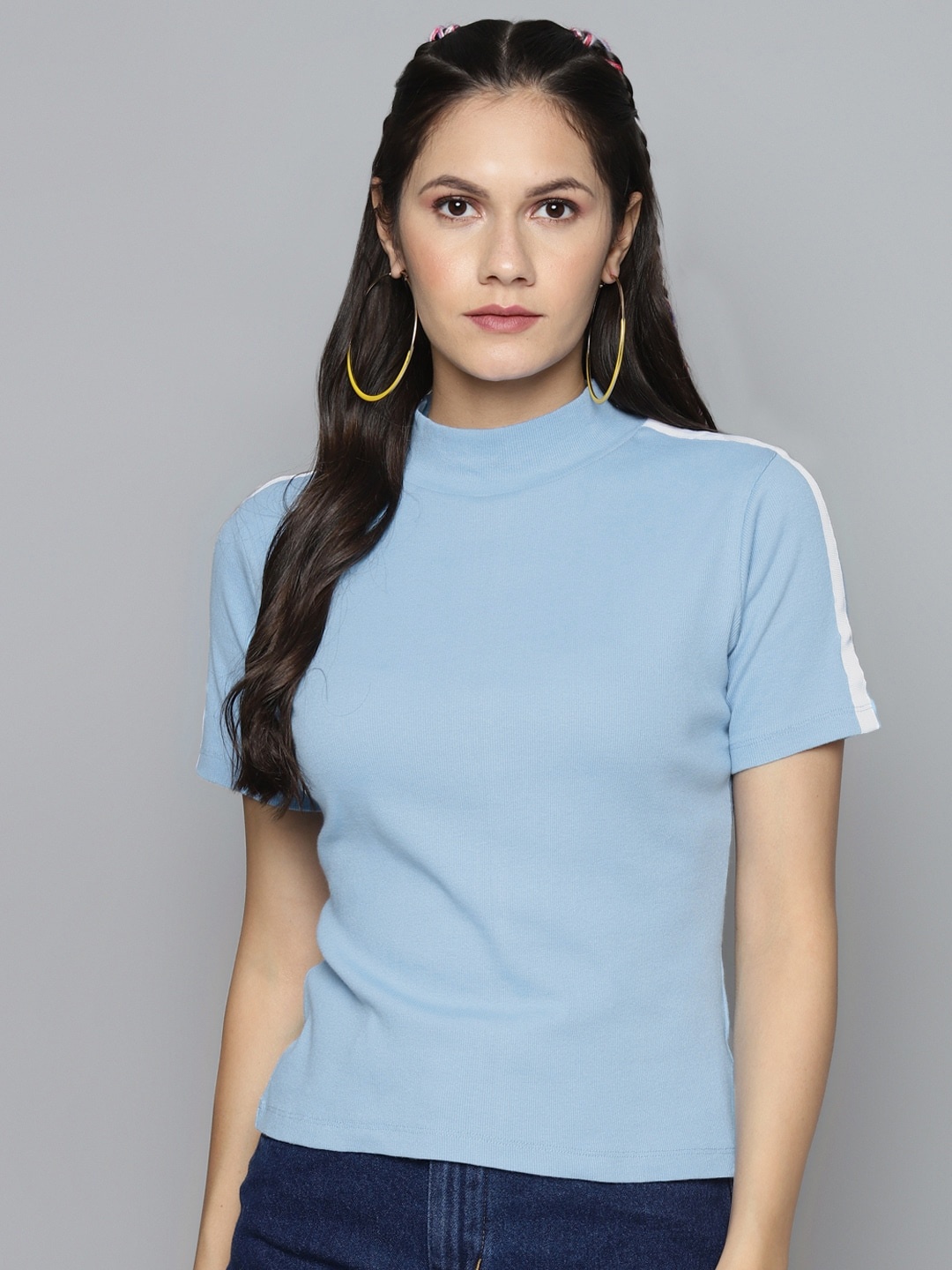 

SASSAFRAS Women Blue Ribbed High Neck T-shirt