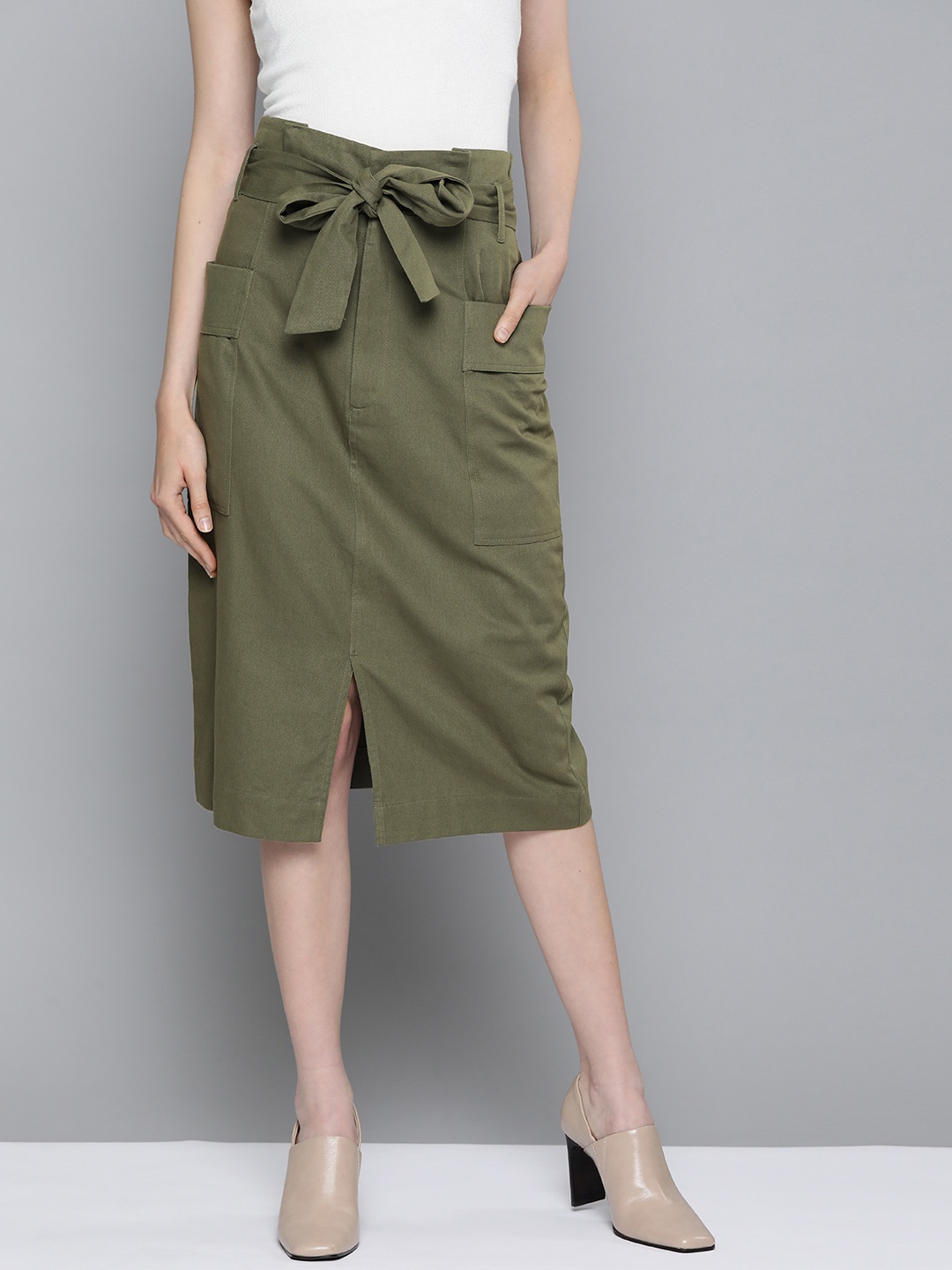 

SASSAFRAS Women Olive Green Pure Cotton Solid Straight Skirt With Belt