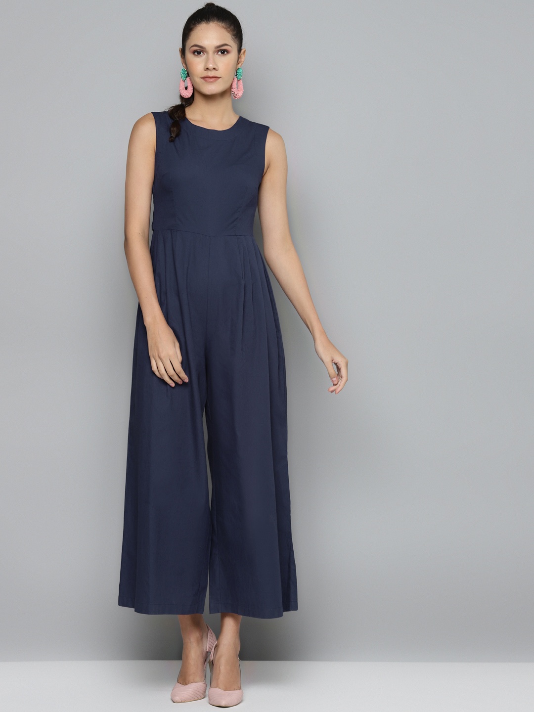 

SASSAFRAS Women Navy Blue Pure Cotton Solid Basic Jumpsuit