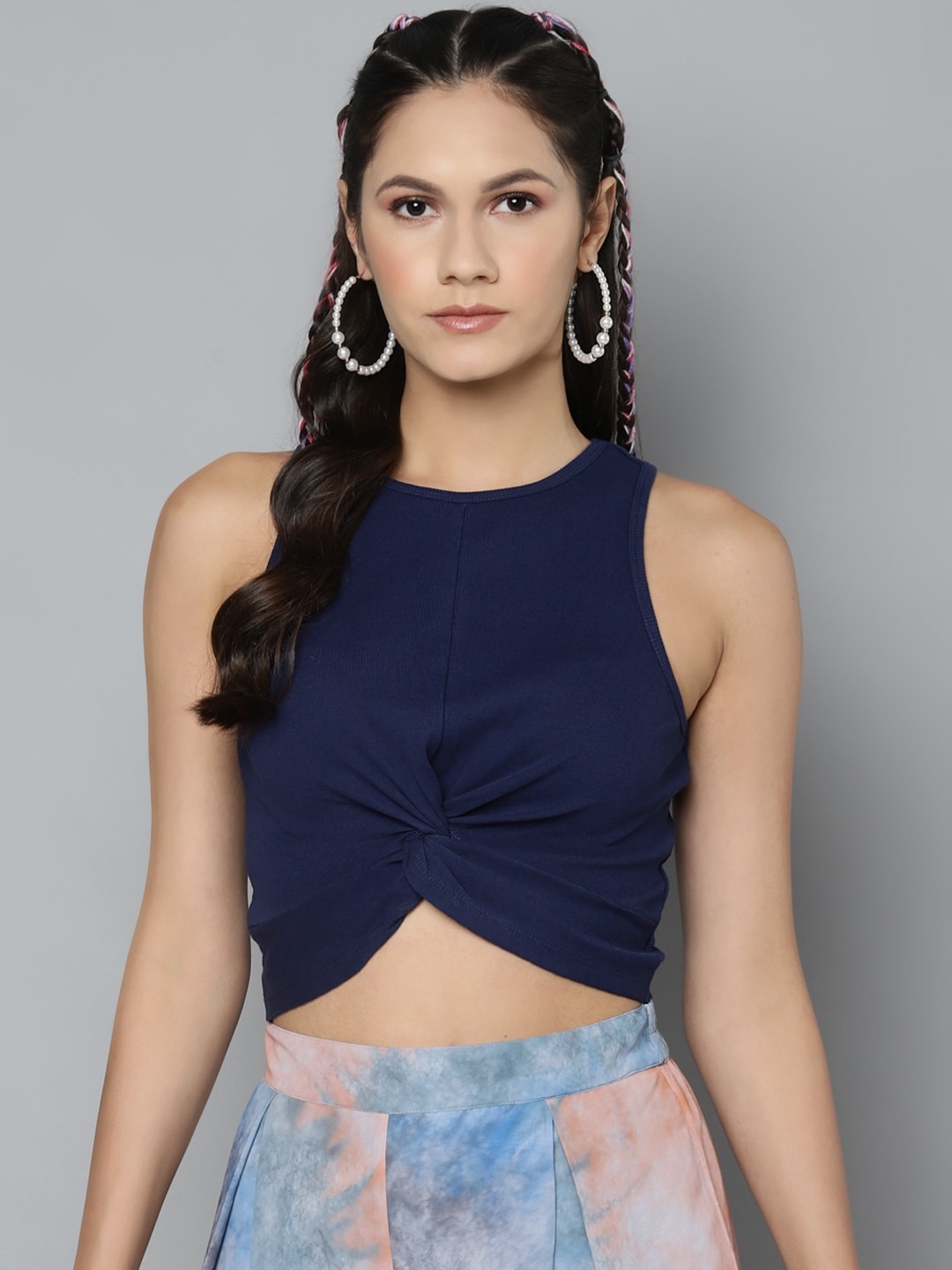 

SASSAFRAS Navy Blue Twisted Pure Cotton Fitted Crop Top