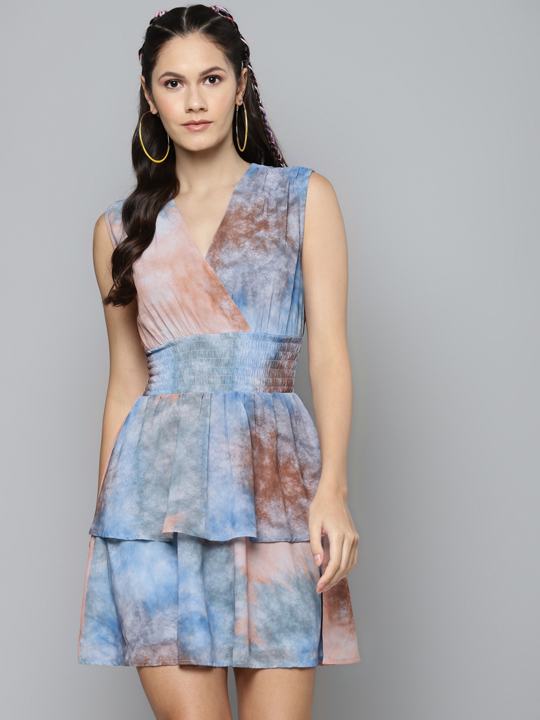 

SASSAFRAS Blue & Brown Tie & Dye Printed Layered Smocked Fit and Flare Dress