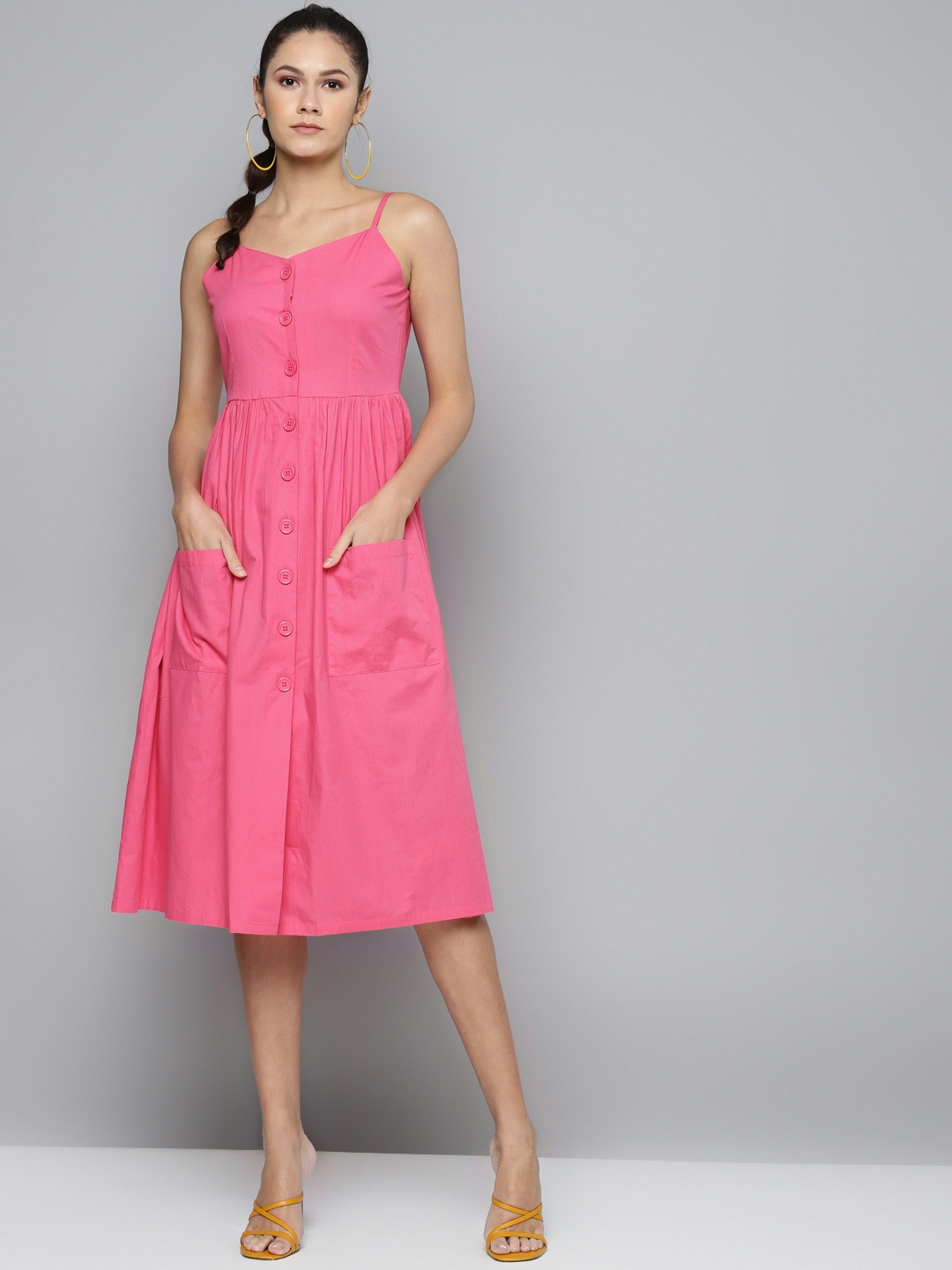

SASSAFRAS Women Pink Solid Cotton Fit and Flare Dress