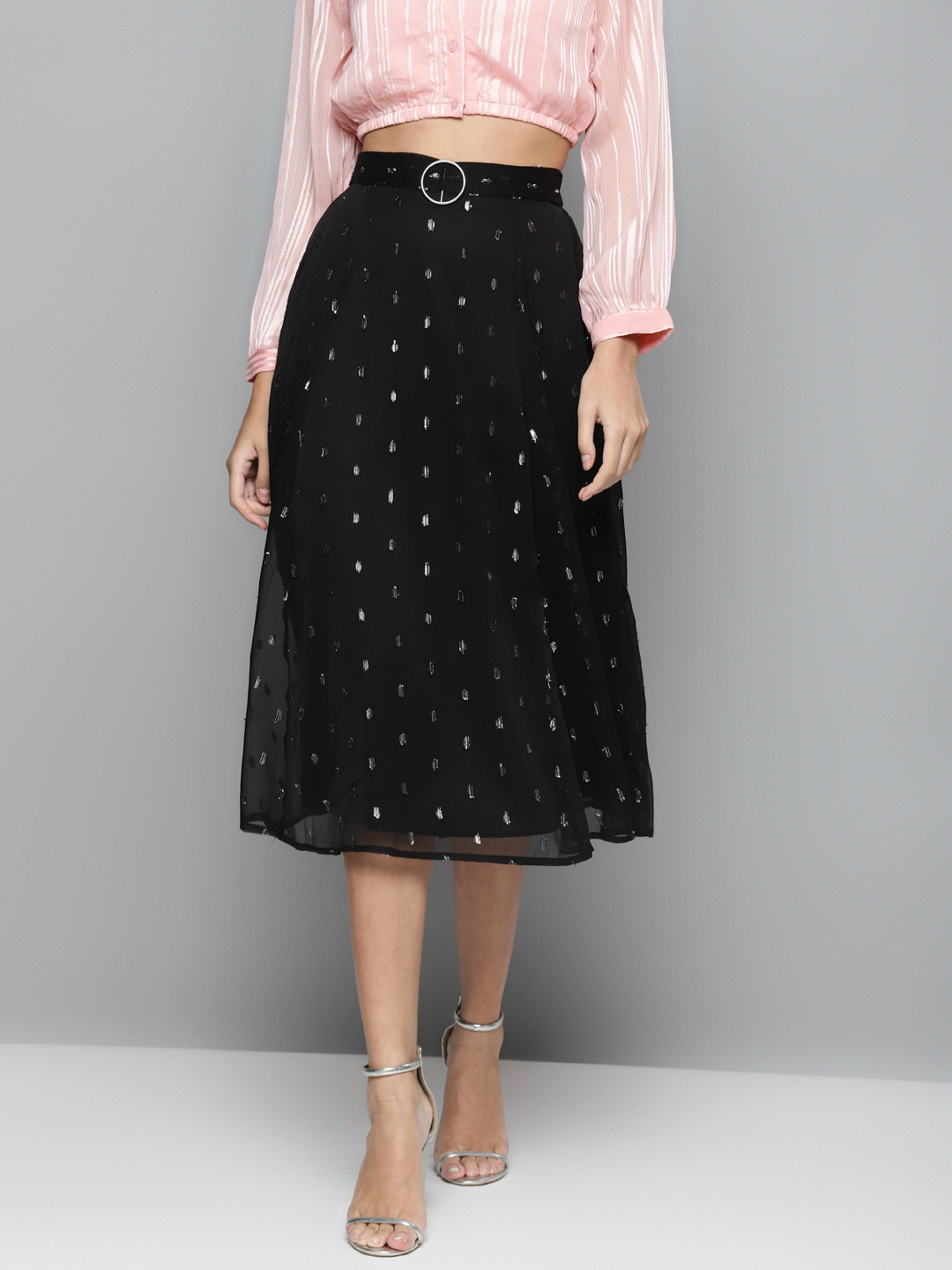 

SASSAFRAS Black & Silver Self Design A-Line Skirt