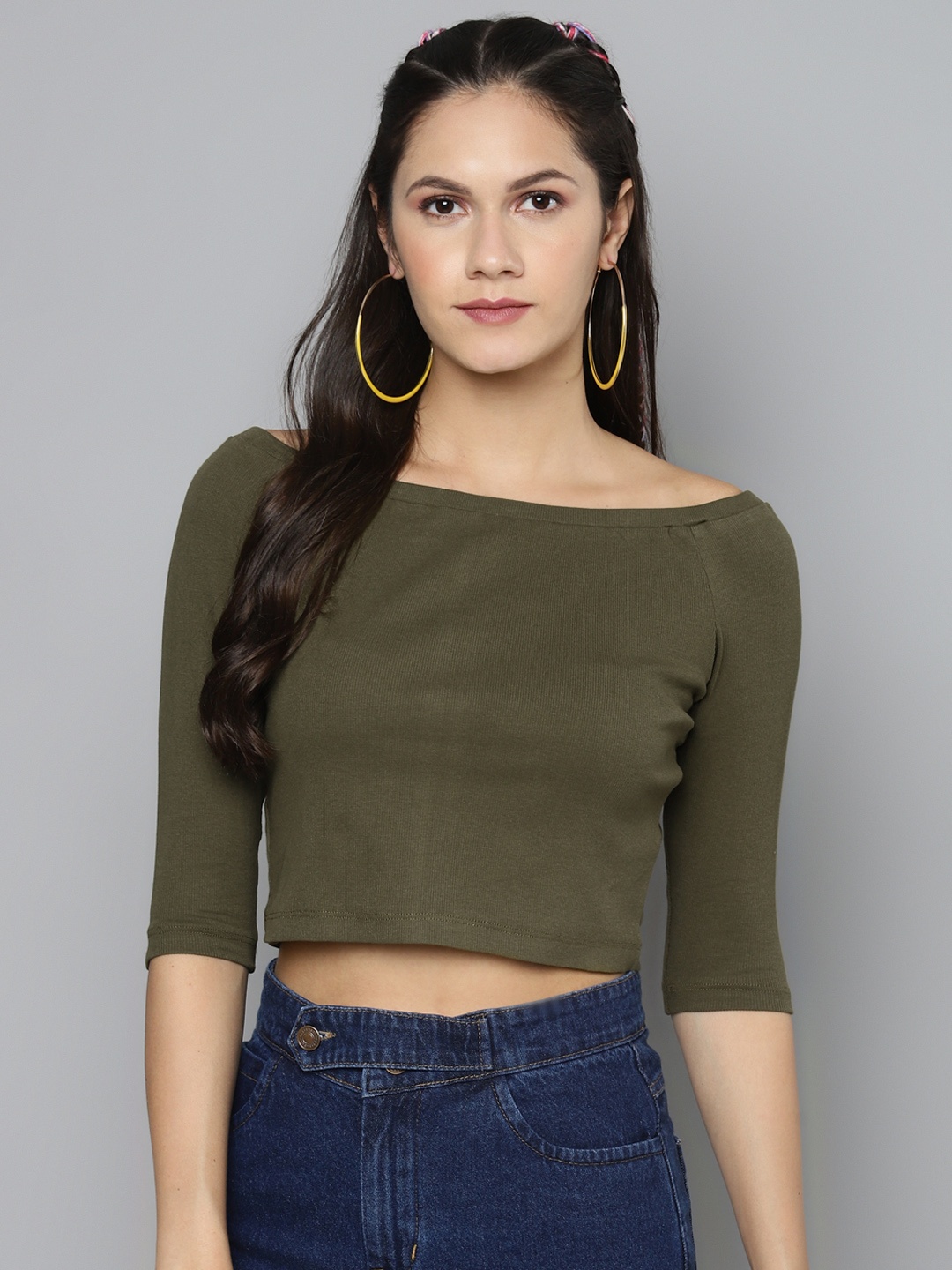 

Sassafras Women Olive Green Ribbed Fitted Crop Top