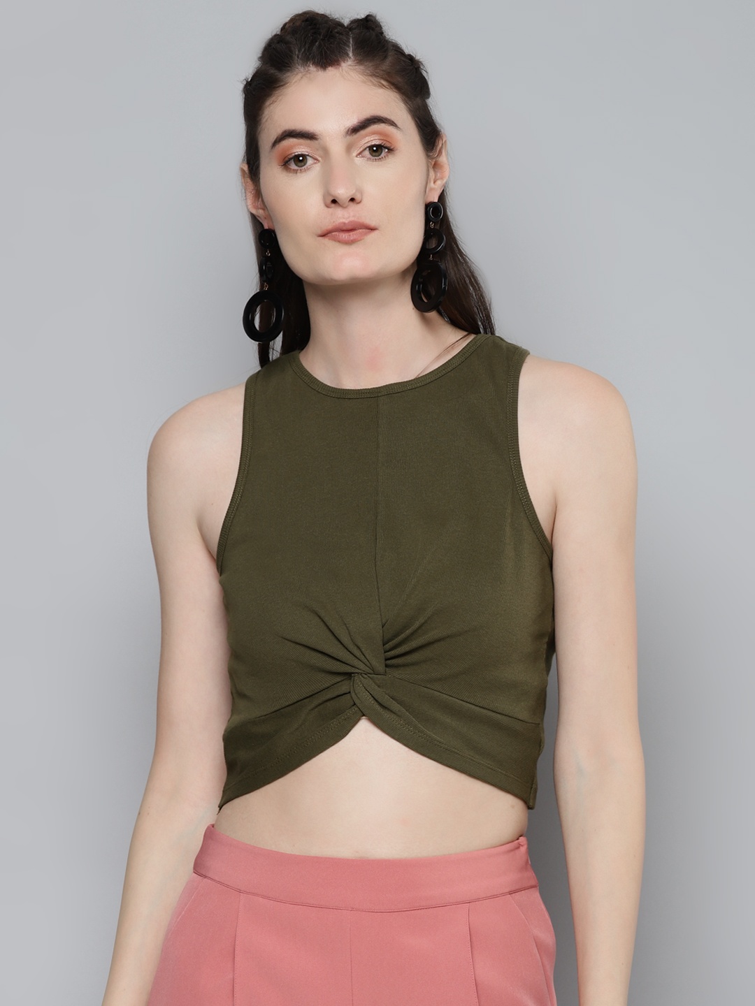 

Sassafras Women Olive Green Ribbed Twisted Fitted Crop Top