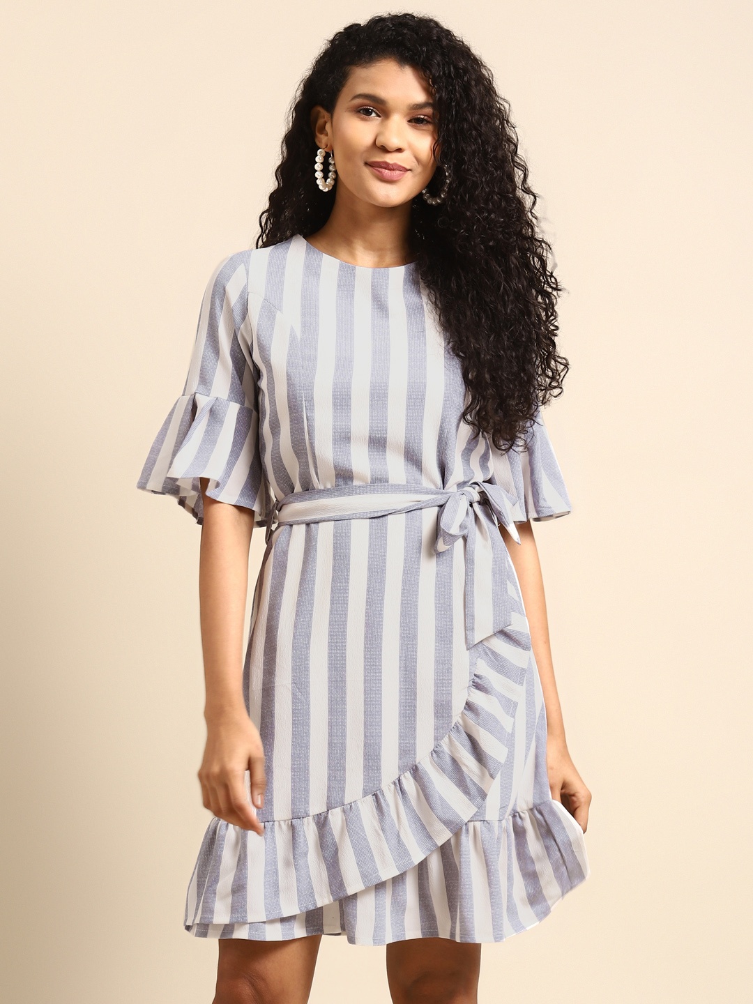 

DODO & MOA Women White & Blue Striped Wrap Dress