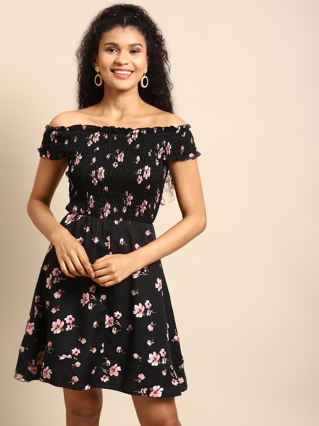 

DODO & MOA Women Black & Pink Floral Printed Smocked A-Line Dress