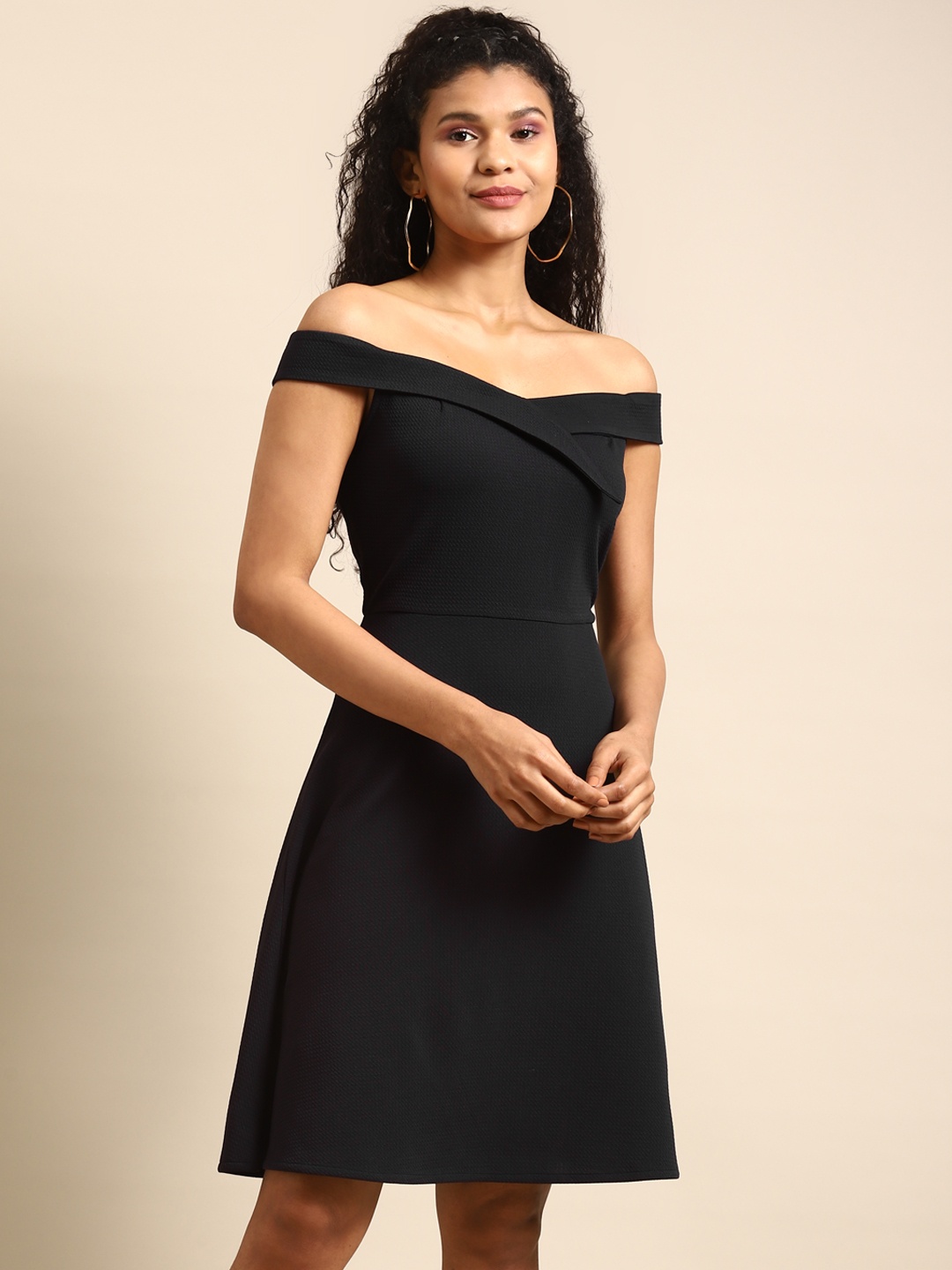 DODO & MOA Women Navy Blue Self Design Off-Shoulder A-Line Dress