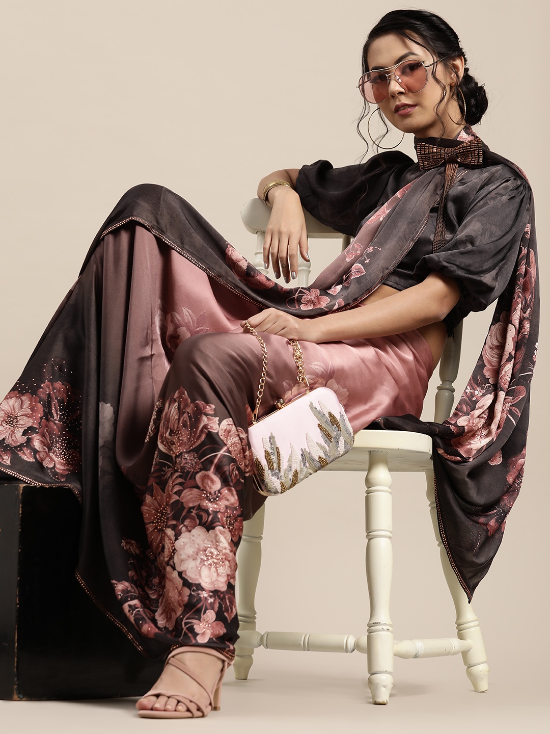 

Inddus Mauve & Brown Satin Ombre Printed Saree