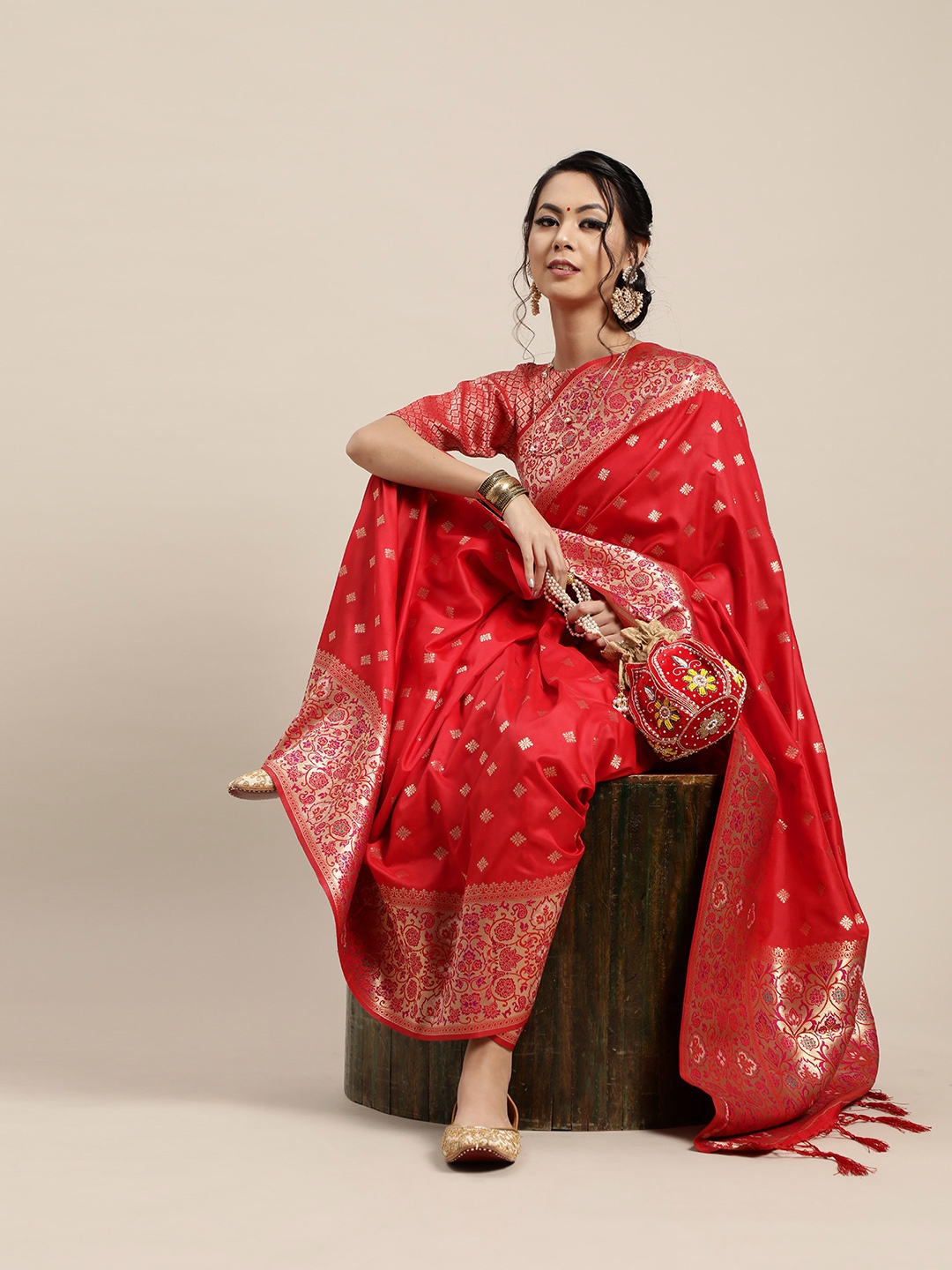 

Inddus Red & Golden Woven Design Zari Paithani Saree