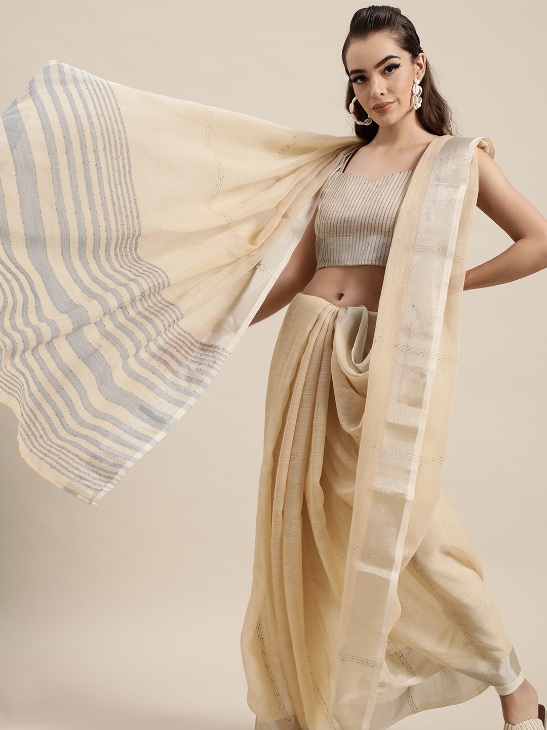 

Inddus Beige & Grey Striped Sequinned Saree