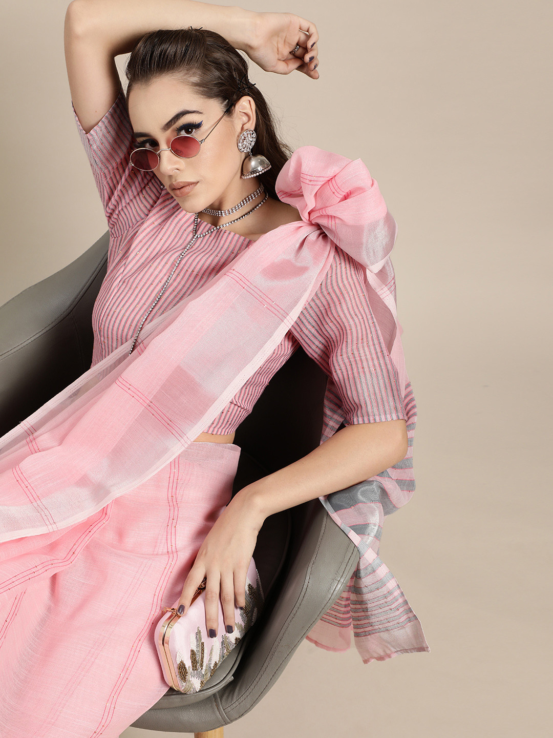 

Inddus Pink & Silver Striped Sequinned Saree