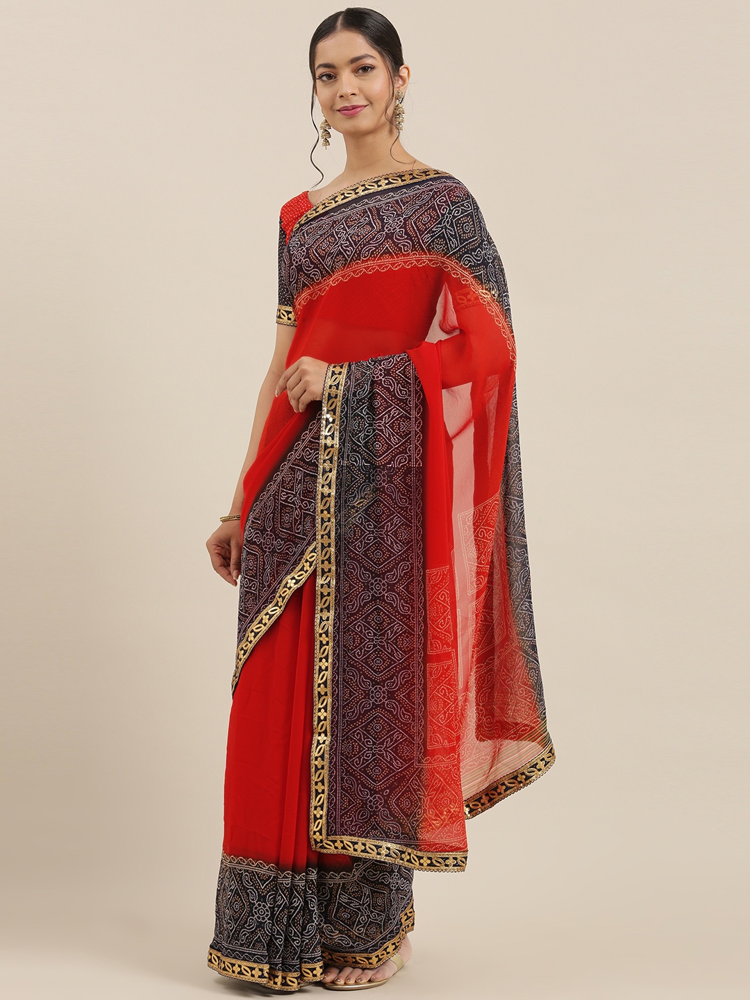 

Saree mall Red & Navy Blue Poly Georgette Solid Bandhani Saree