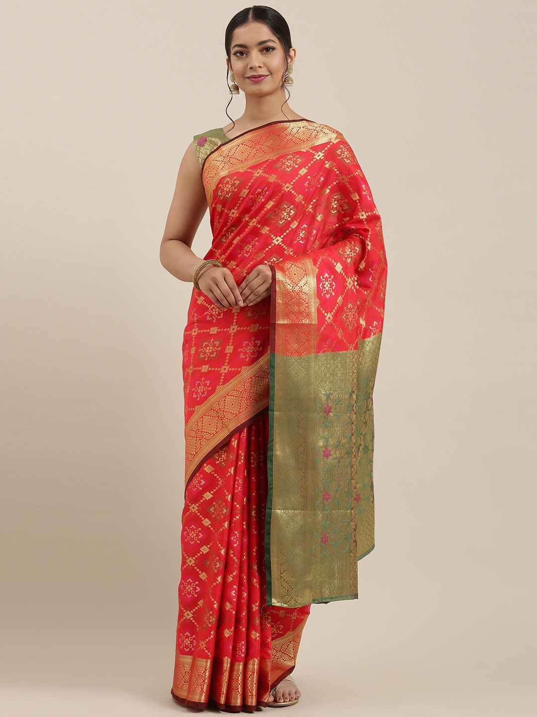 

Saree mall Coral Red & Golden Silk Blend Woven Design Banarasi Saree