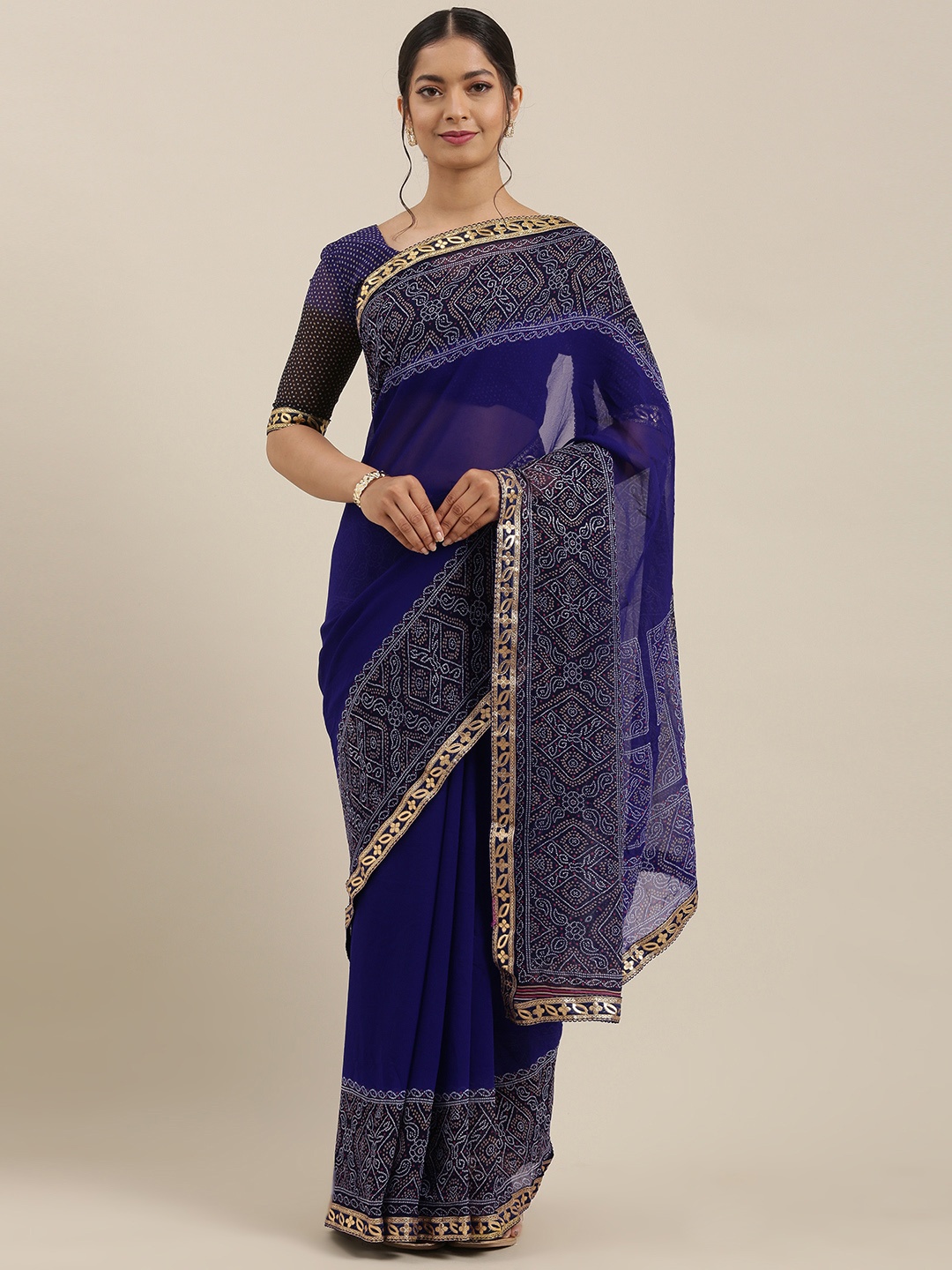 

Saree mall Navy Blue Solid Bandhani Celebrity Saree