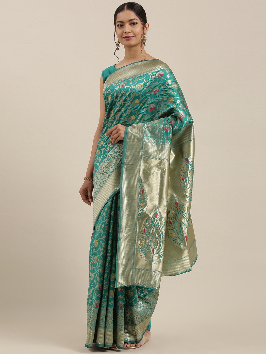 

Saree mall Teal Green & Golden Silk Blend Woven Design Banarasi Saree