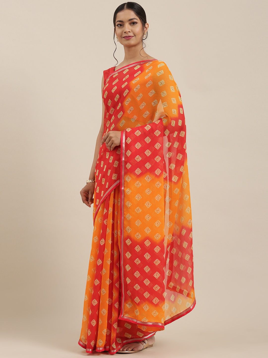 

Saree mall Orange & Red Block Printed Celebrity Saree