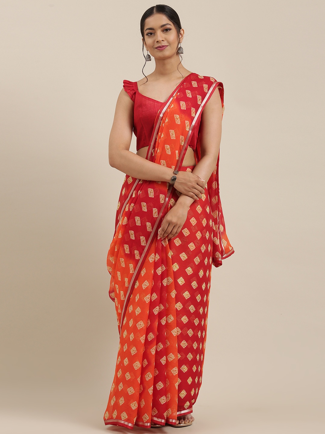 

Saree mall Orange & Beige Block Printed Celebrity Saree