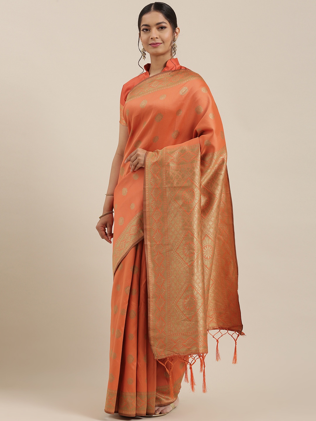 

Saree mall Rust Orange & Golden Silk Blend Woven Design Banarasi Saree