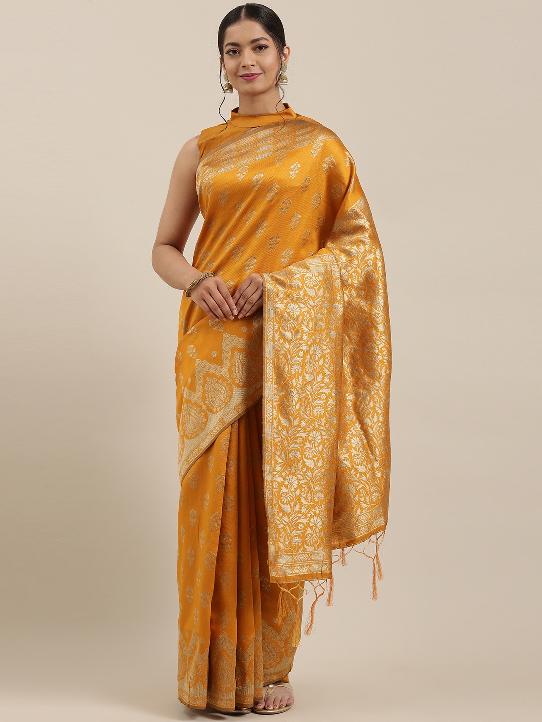 

Saree mall Mustard Yellow & Golden Silk Blend Woven Design Banarasi Saree