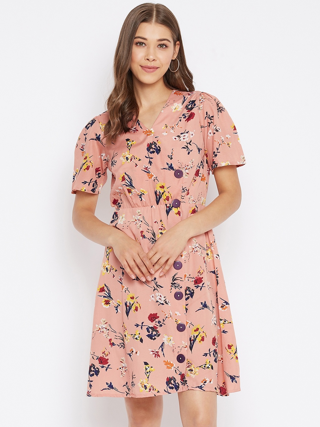 

PURYS Women Peach-Coloured & Blue Floral Printed Wrap Dress