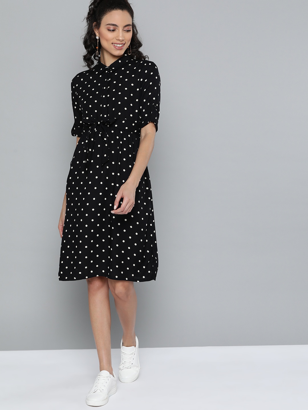 

HERE&NOW Women Black & Off-White Polka Dots Print A-Line Dress & Belt