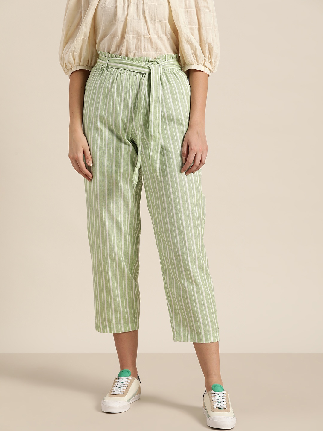 

Shae by SASSAFRAS Women Green & White Striped Paper Bag Waist Cropped Trousers