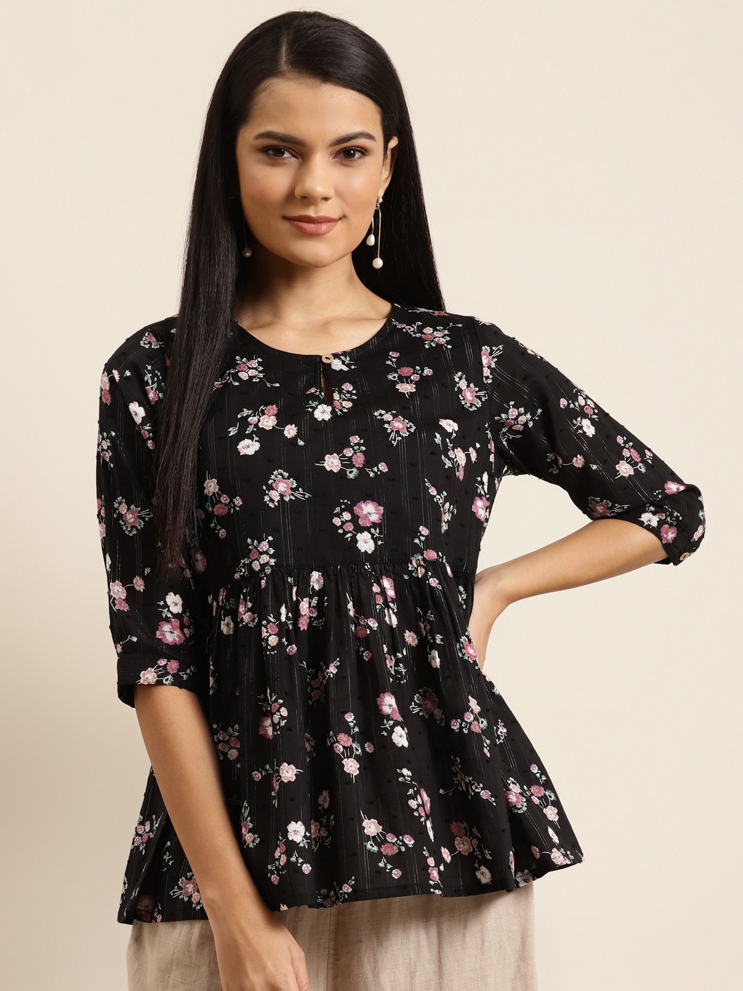 

Shae By Sassafras Black & Pink Floral Printed Pure Cotton A-line Top