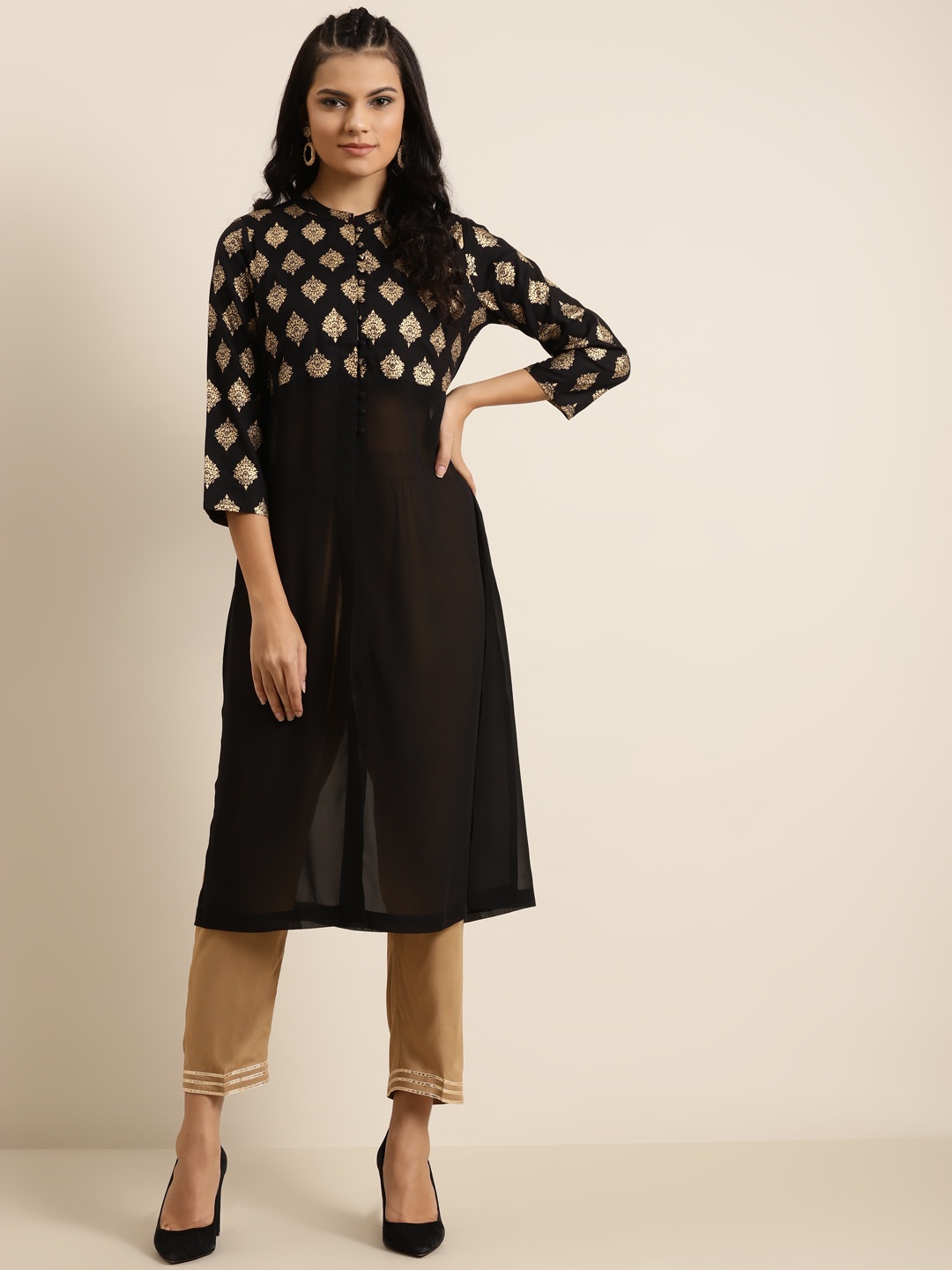 

Shae By Sassafras Women Black & Golden Ethnic Motifs Foil Printed Liva Straight Kurta