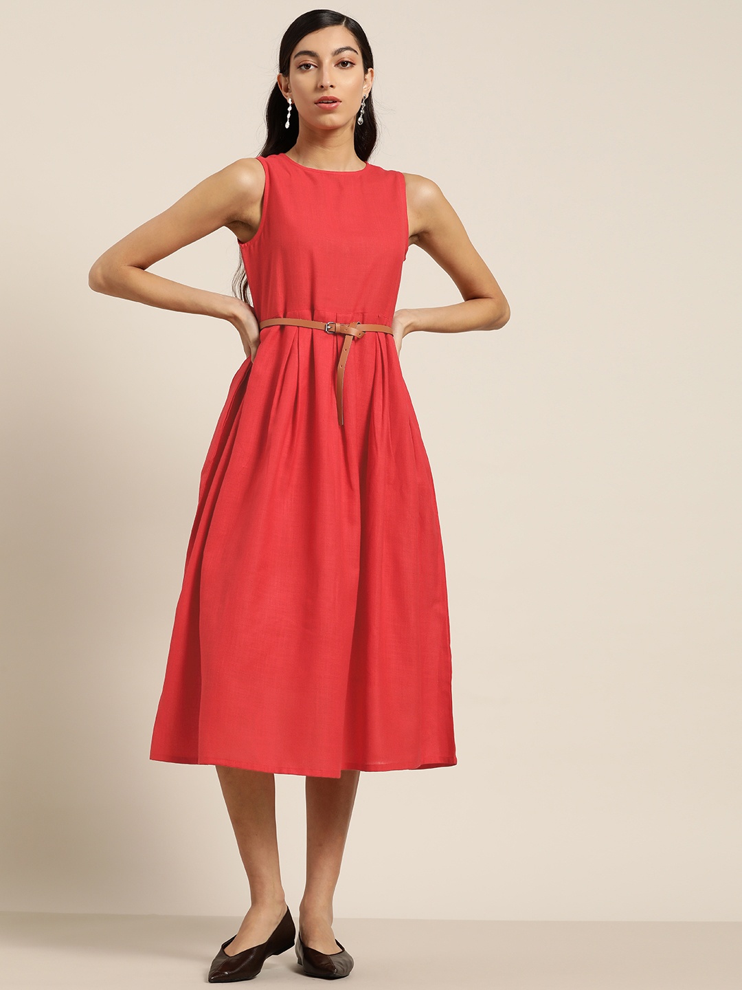 

Shae by SASSAFRAS Women Red Solid A-Line Midi Dress with Pleated detail