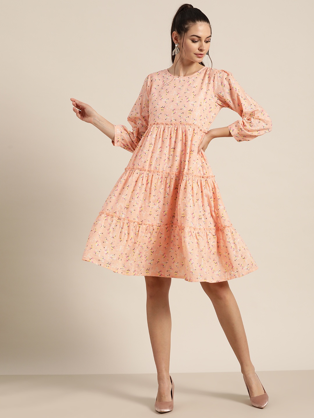 

Shae by SASSAFRAS Women Peach-Coloured Pure Cotton Floral Printed A-Line Dress