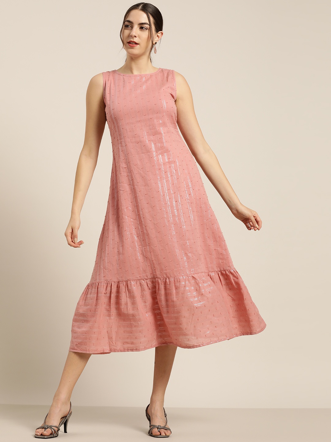 

Shae by SASSAFRAS Women Dusty Pink Striped Pure Cotton A-Line Dress