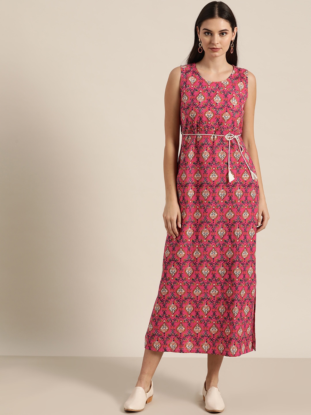 

Shae by SASSAFRAS Women Fuchsia & Mustard Yellow Pure Cottton Printed Shift Dress