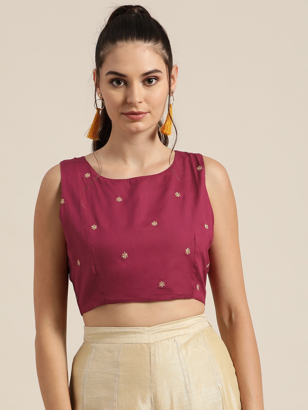 

Shae by SASSAFRAS Women Burgundy Embroidered Liva Regular Crop Top
