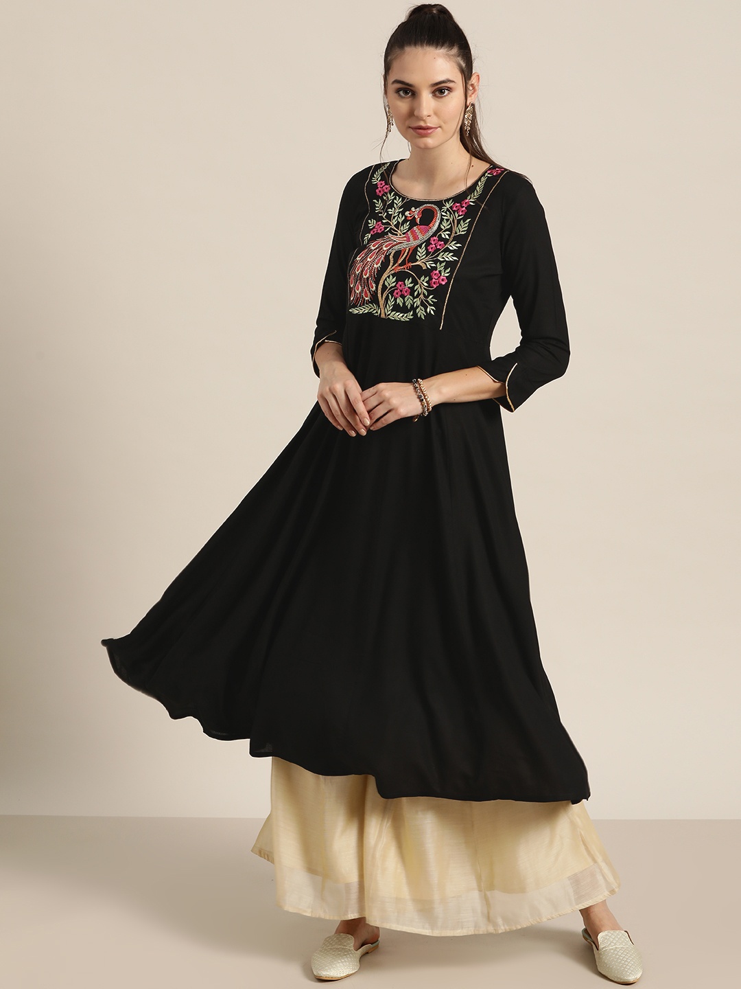 

Shae By Sassafras Women Black & Pink Peacock Motif Embroidered Liva Anarkali Kurta