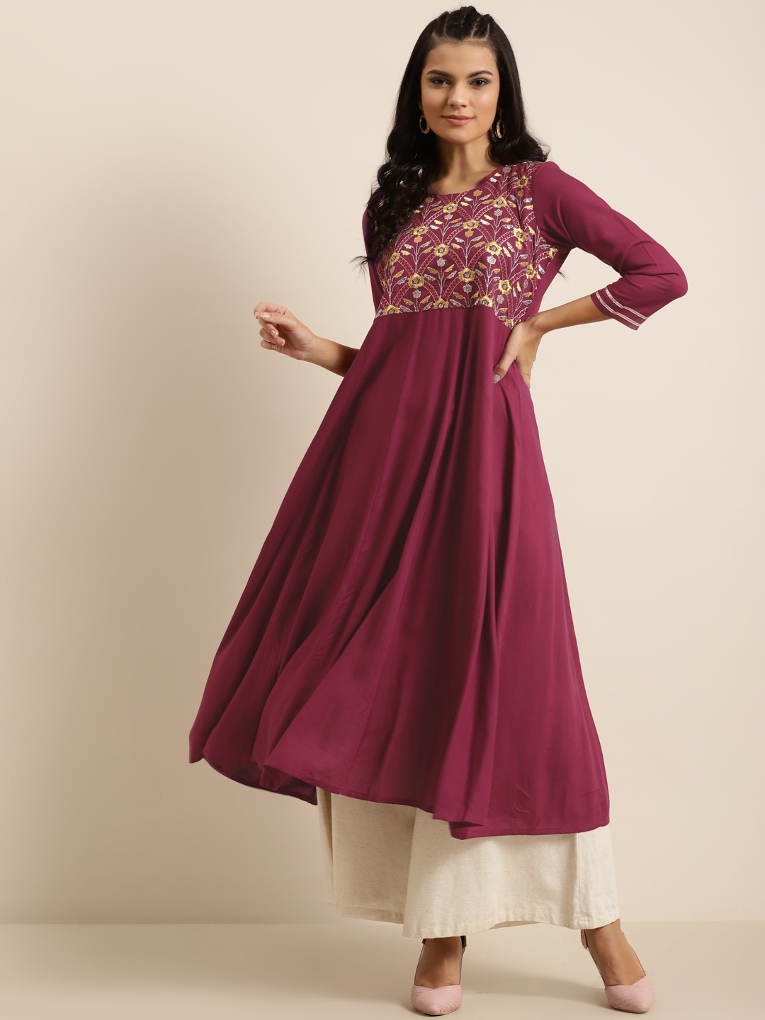 

Shae By Sassafras Women Burgundy & Yellow Ethnic Motifs Yoke Design Liva Anarkali Kurta