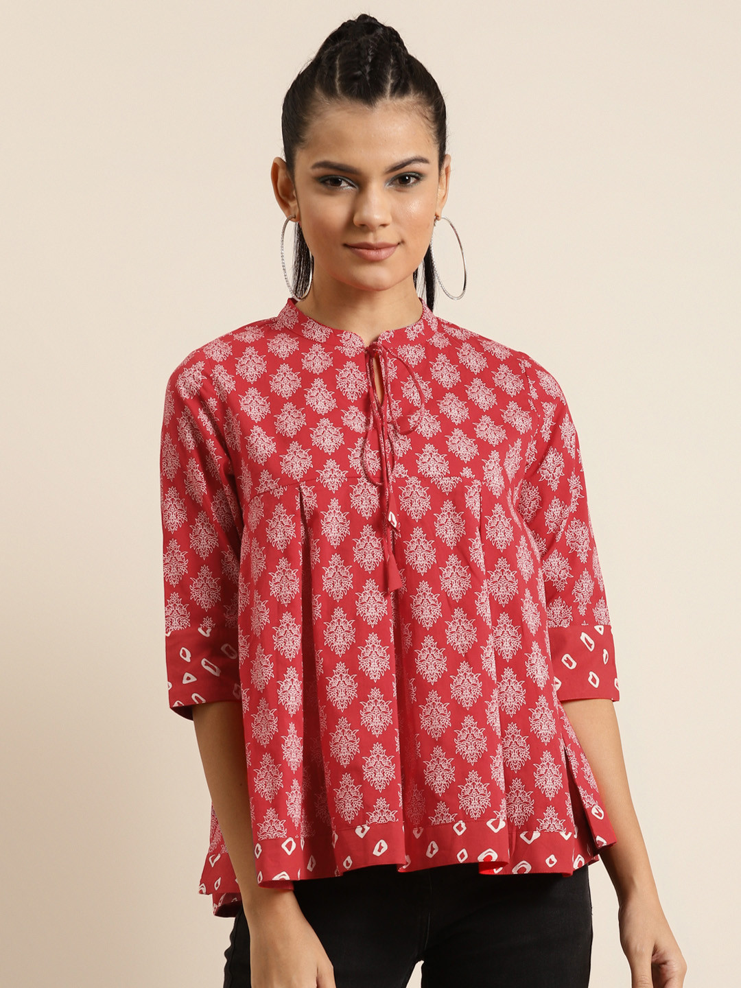 

Shae By Sassafras Red & Off White Printed Tie-up Neck Pure Cotton Empire Top