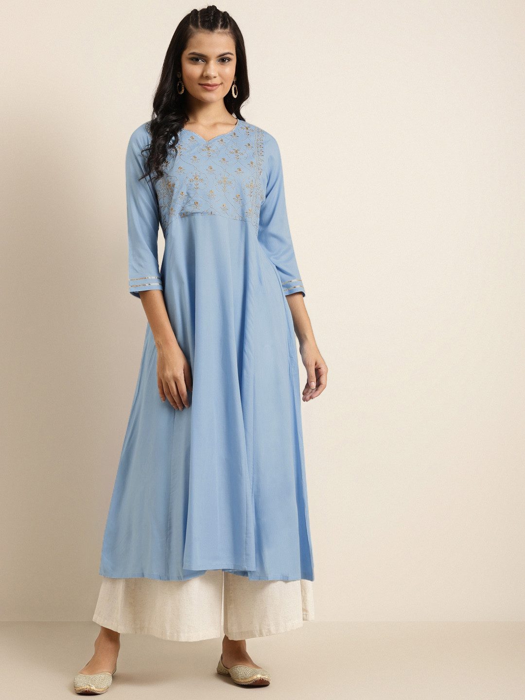 

Shae By Sassafras Women Blue & Golden Zari Embroidered Liva A-Line Kurta
