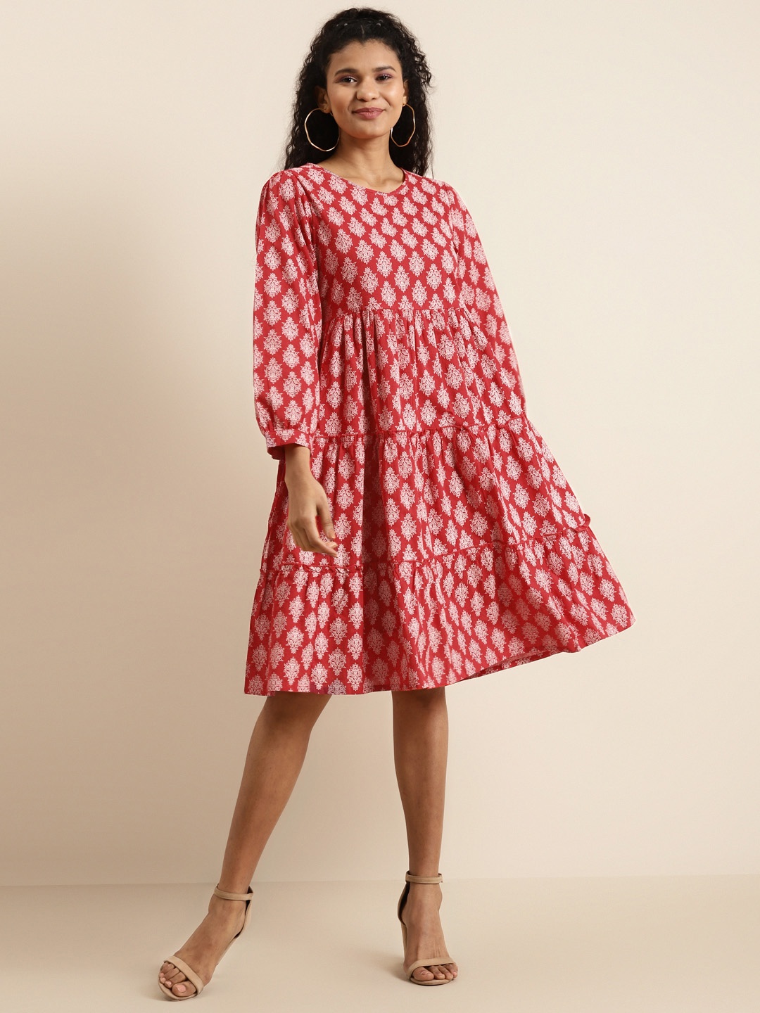 

Shae by SASSAFRAS Women Red & Off-White Pure Cotton Printed A-Line Dress